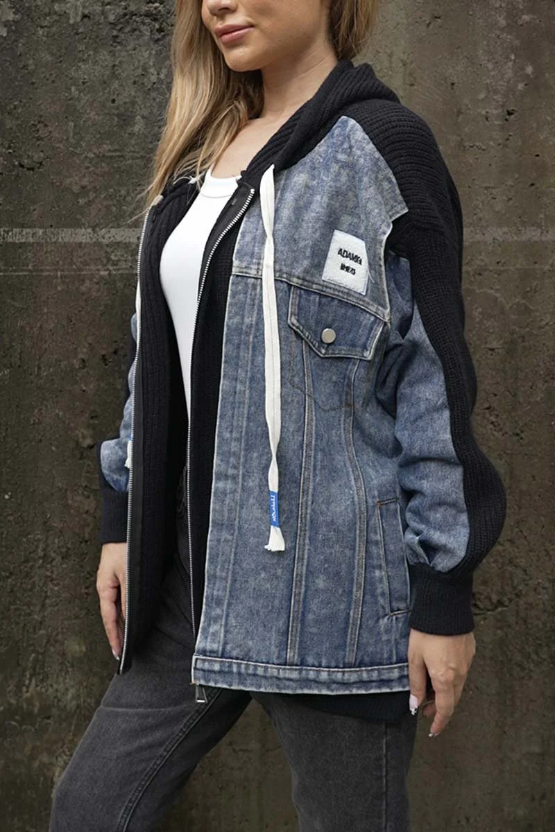 Women's Denim Patchwork Sweater Fake Two Piece Hooded Jacket