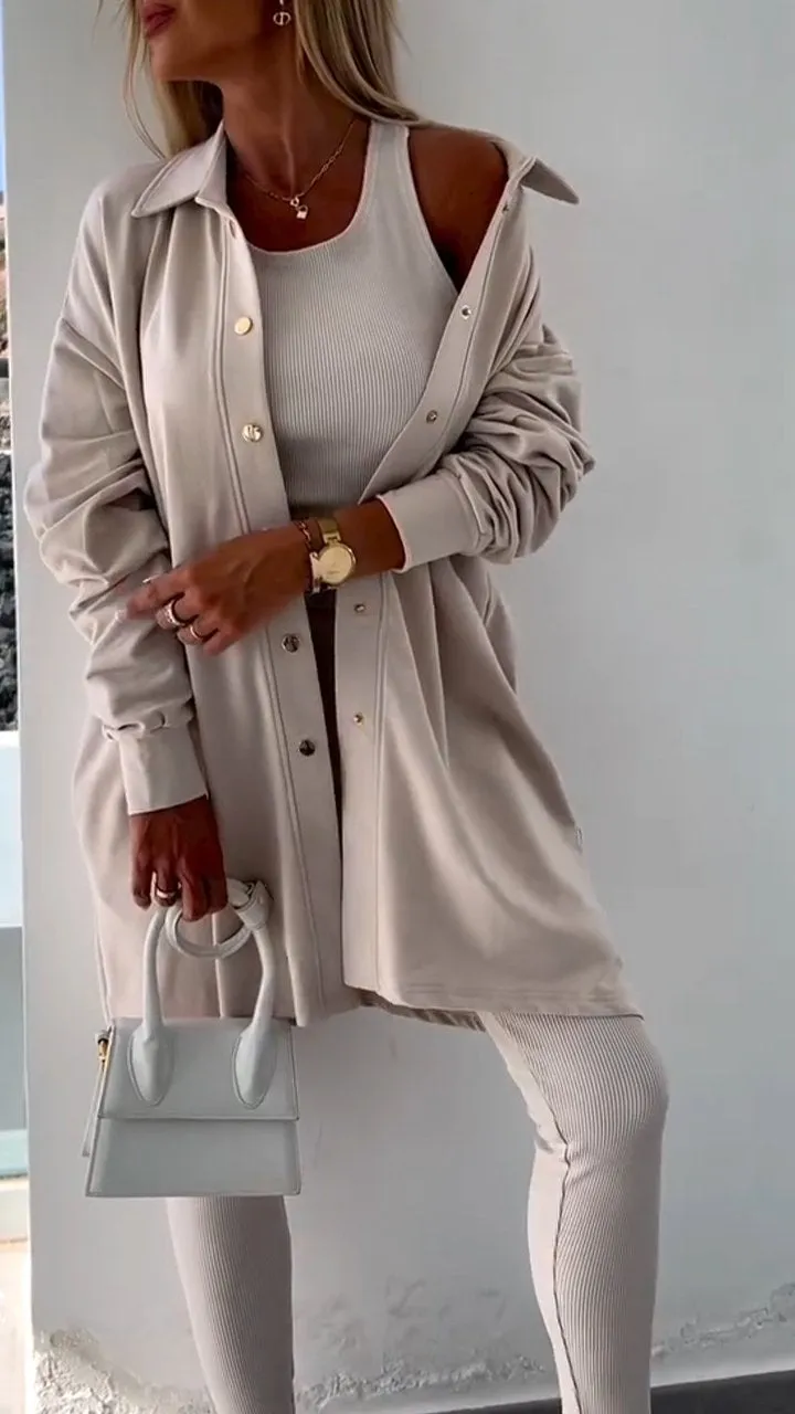 Apricot Casual Shirt Cardigan Three-piece Set