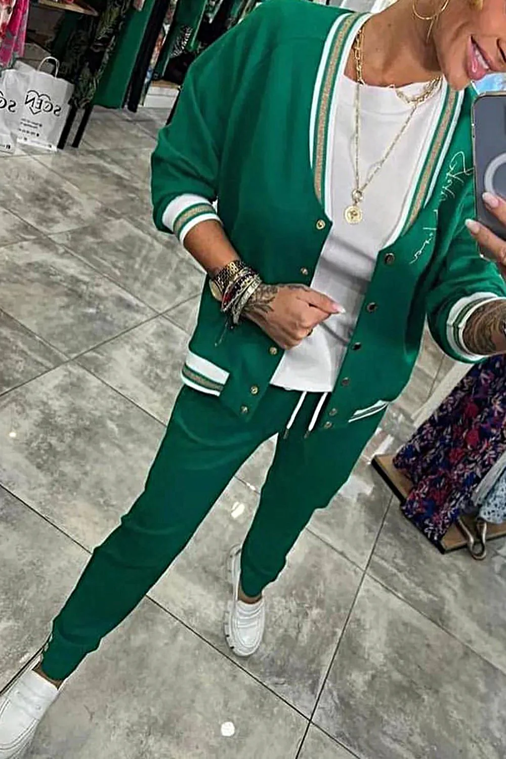 Women's Baseball Jacket Top & Stretch Pants Two-piece Set