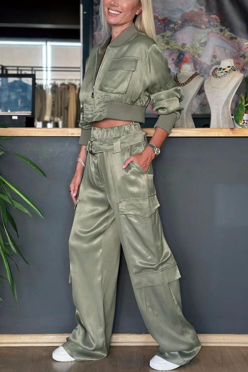 Women's Solid Satin Zipper Detail Jacket Pants Set