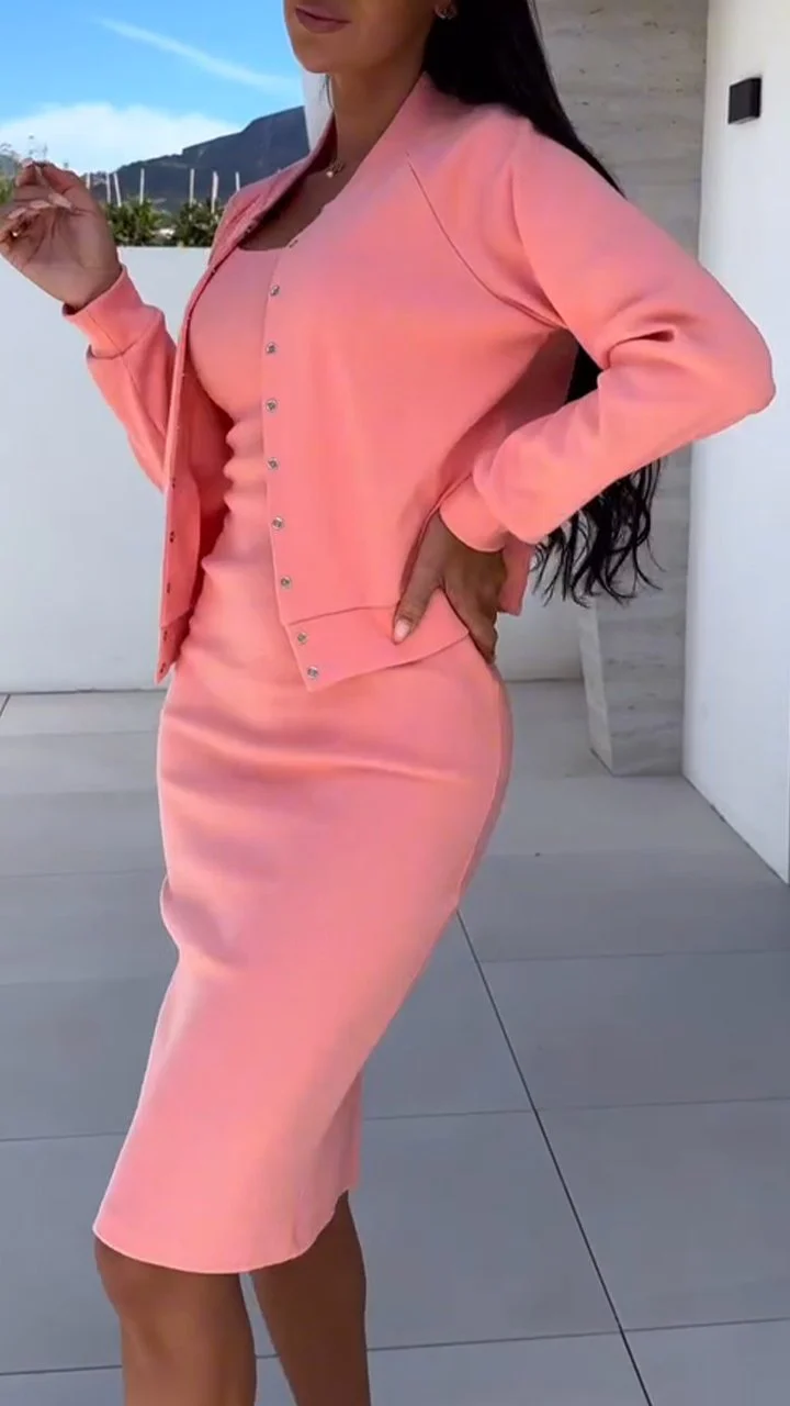 Women's Tight Dress + Cardigan Jacket Casual Suit